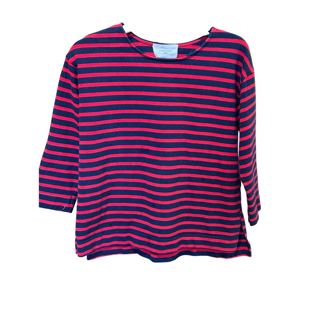 Pomander Place Striped Top XS Navy Red Cotton Long Sleeve Crew Neck